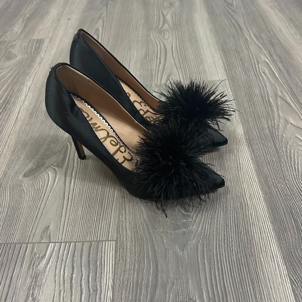 Sam Edelman Black Satin Feather Puff Pointed Toe Heels Women’s Size 7